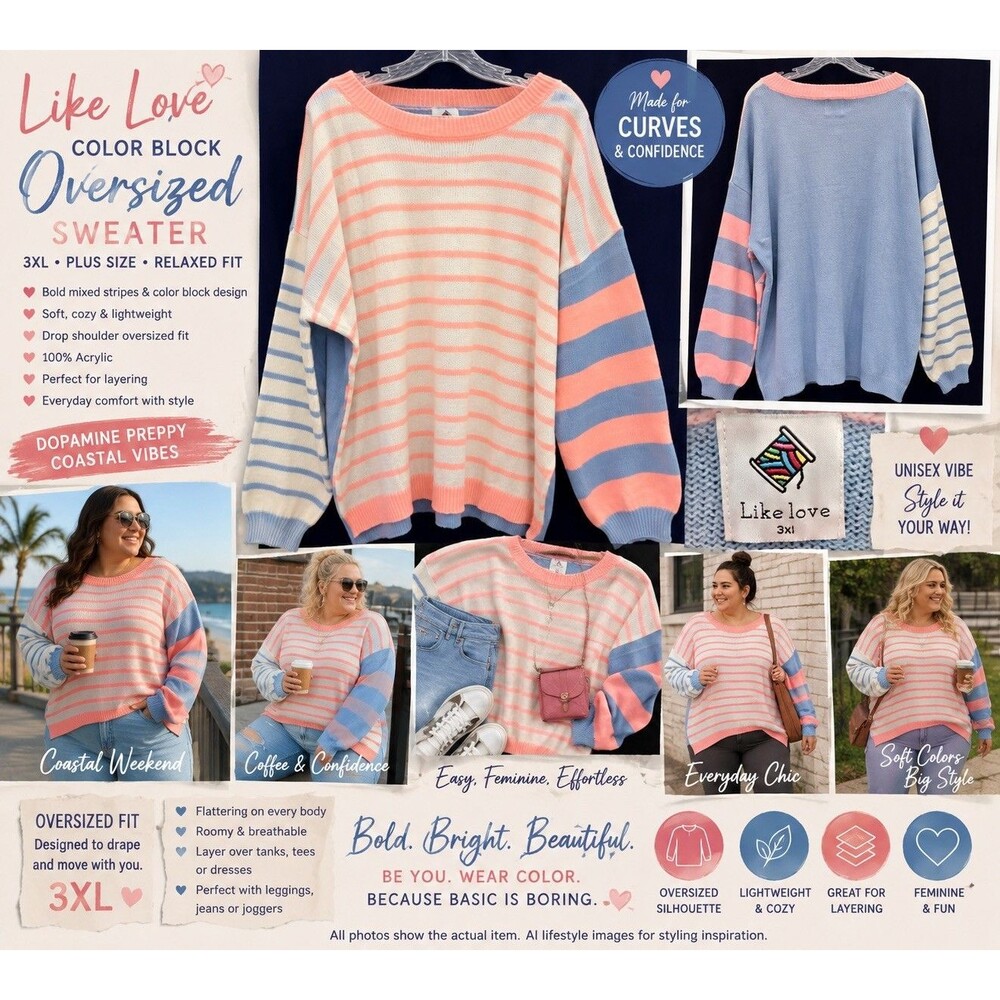 NWOT Like Love 3XL Oversized Color Block Sweater Pink Blue Mixed Stripe 80s vibe